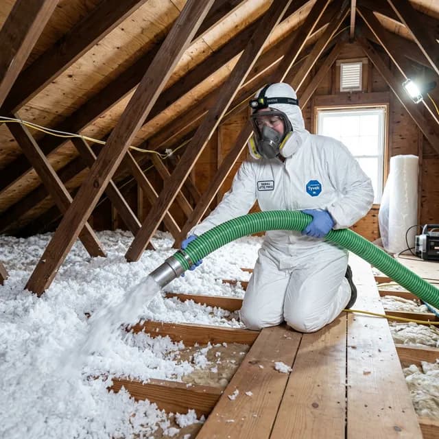 Technician applying professional blown-in fiberglass insulation across a Dallas, TX attic floor