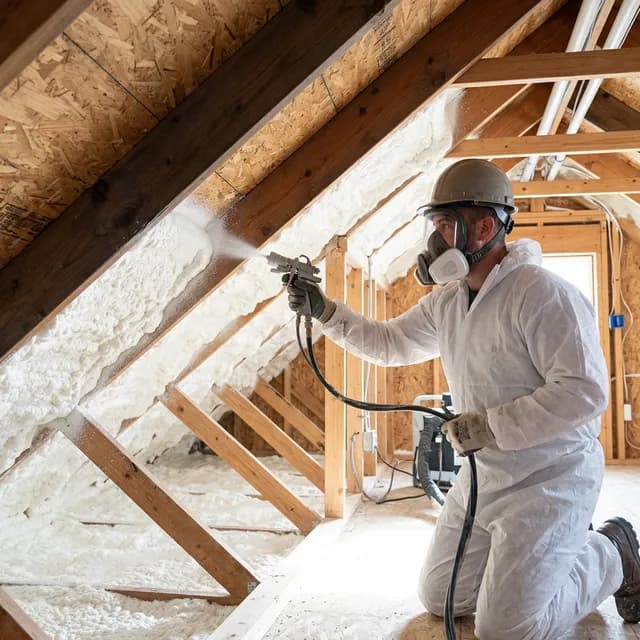 Technician applying closed-cell spray foam insulation in a Plano, TX attic